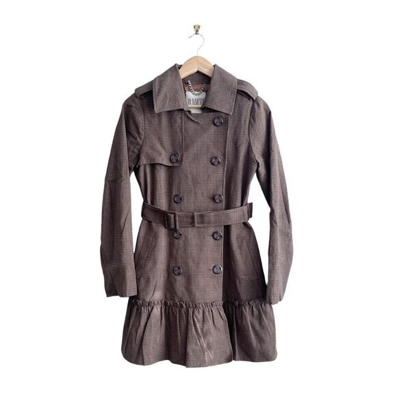 BB Dakota Trench Coat Double Breasted Houndstooth Plaid Brown Women's S Belted - Picture 1 of 9